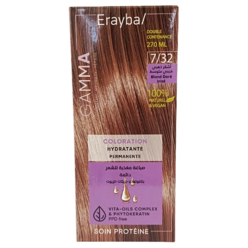 ERAYBA – Gamma Coloration Hydratante Permanente Naturelle – 7.32 – Blond Doré Irisé