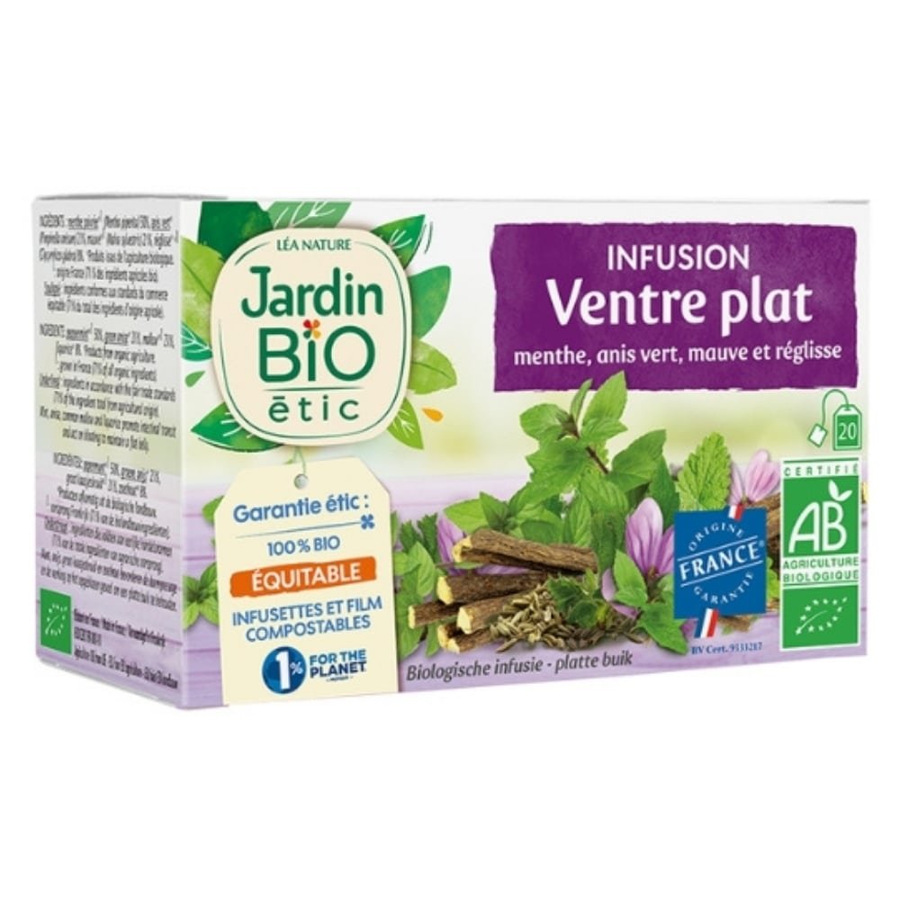 JARDIN BIO – Infusion Ventre Plat Menthe, Anis Vert, Mauve Et Réglisse Bio – 20u