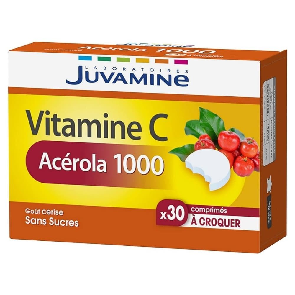 JUVAMINE – Acerola 1000 Vitamine C À Croquer Goût Cerise Sans Sucres – 30 Comprimés