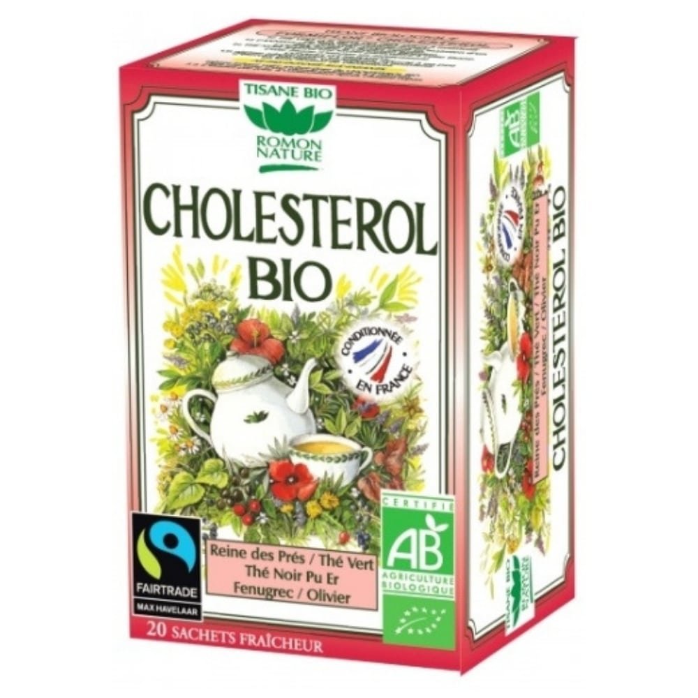 ROMON NATURE – Tisane Cholesterol Reine Des Prés, Thé Vert, Thé Noir Pu Er, Fenugrec Et Olivier Sachets Bio – 20u
