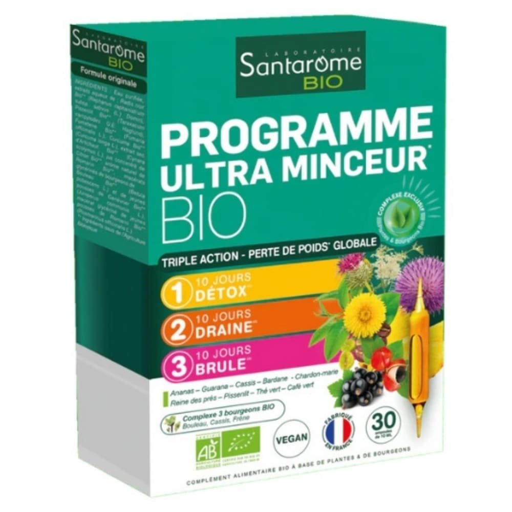 SANTARÔME – Bio Programme Ultra Minceur Triple Action Détox, Draine Et Brule Ampoules – 30u