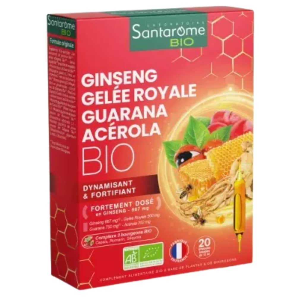 SANTARÔME – Ginseng Gelée Royale Guarana Acérola Bio – 20 Ampoules