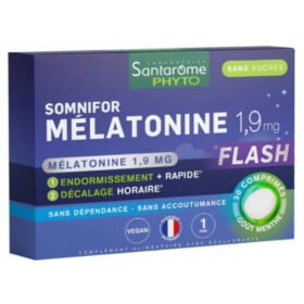 SANTARÔME – PHYTO Somnifor Mélatonine Flash 1,9mg Endormissement Rapide Goût Menthe – 30 Comprimés