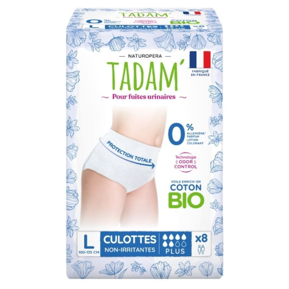 TADAM’ – Fuites Urinaires Culottes Non-irritantes Bio – Plus 70-110cm Taille L – 8u