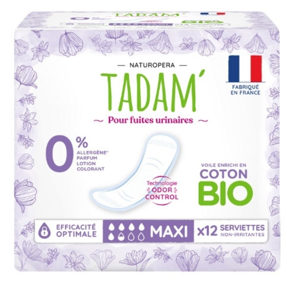 TADAM’ – Fuites Urinaires Serviettes Non-irritantes Bio – Maxi – 12u