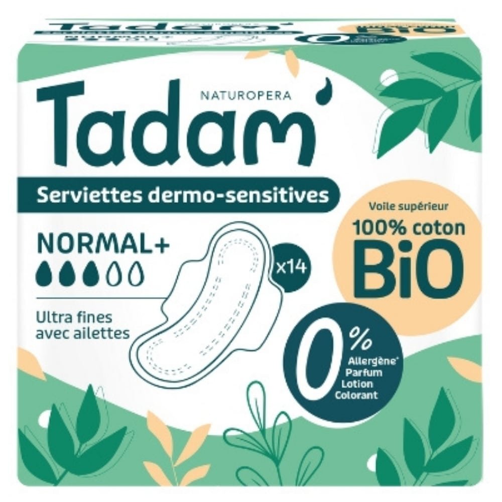TADAM’ – Serviettes Dermo-sensitives Ultra Fines Avec Ailettes – Normal+ – Bio – 14u