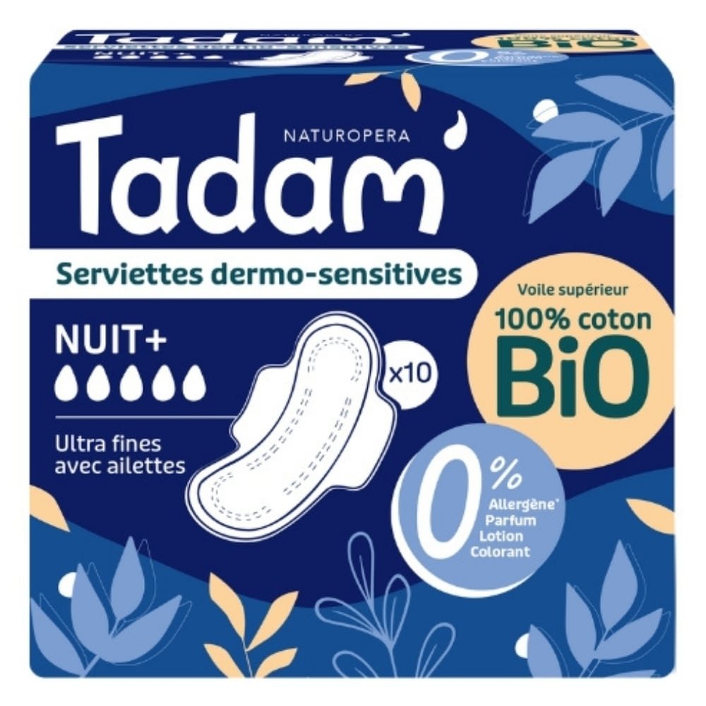 TADAM’ – Serviettes Dermo-sensitives Ultra Fines Avec Ailettes – Nuits+ – Bio – 10u