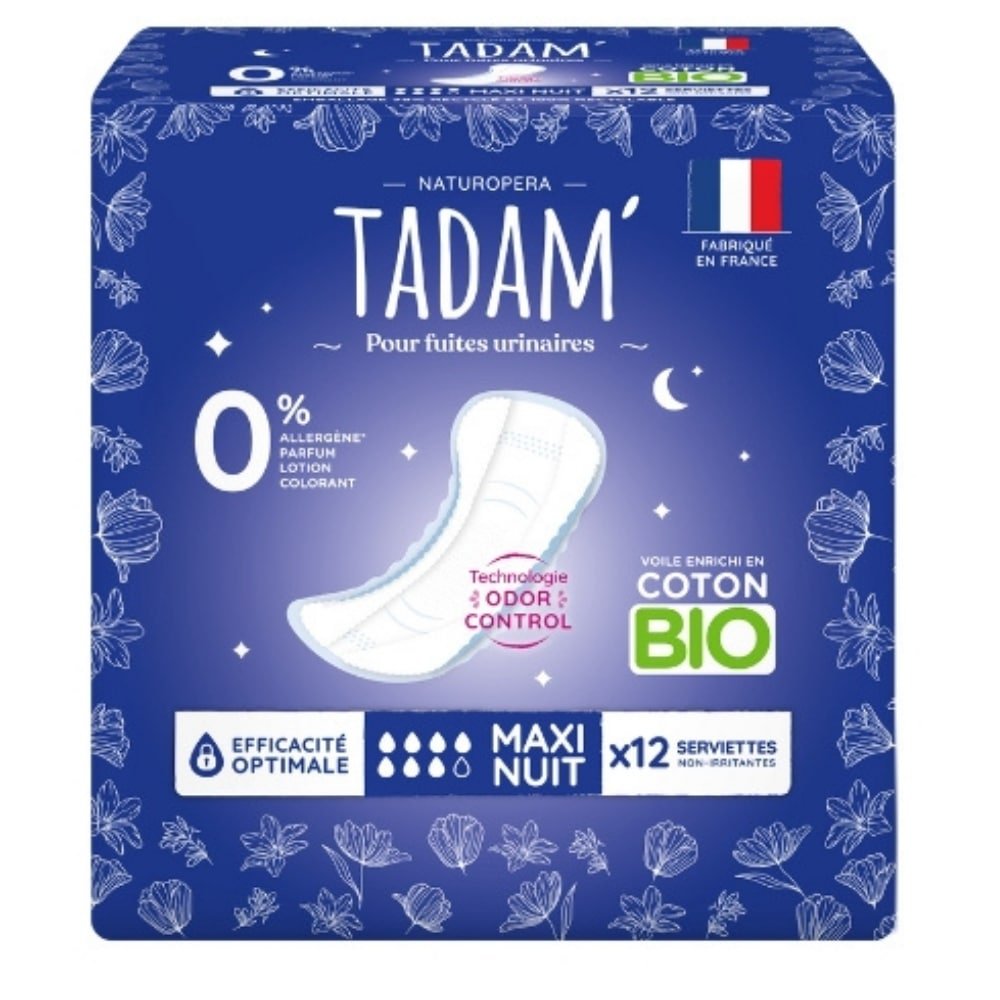 TADAM’ – Serviettes Non-irritantes Fuites Urinaires Bio – Maxi Nuit – 12u